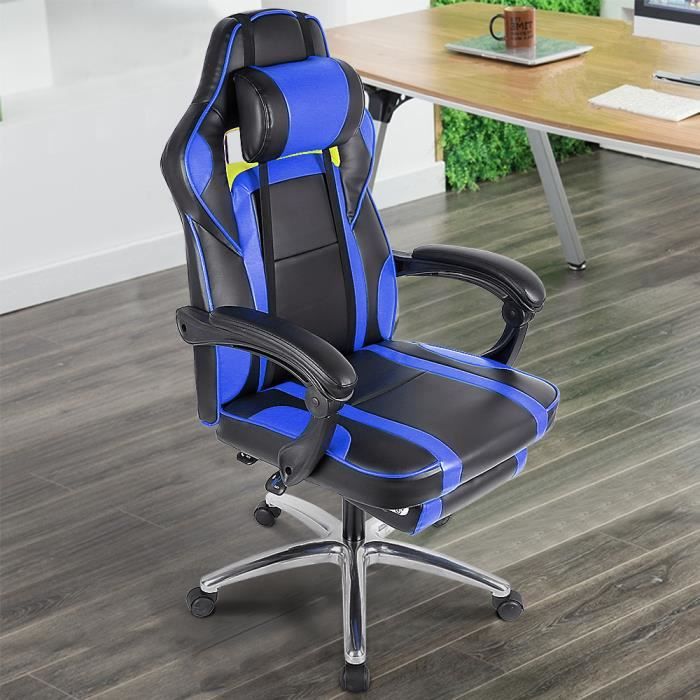 Bleu Et Noir Fauteuil De Bureau Avec Accoudoirs Repose Tete Repose Pieds Cuir Pu Prix Pas Cher Cdiscount