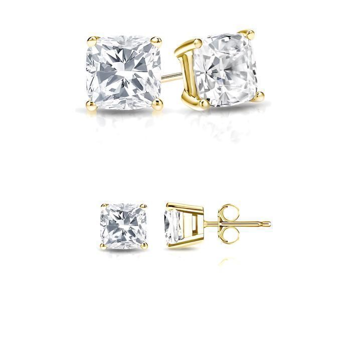 Boucles d’Oreilles - Puces - Solitaire - Losange - 7 mm - Zircon - Plaqué Or Jaune 750/1000 - Femme/Homme