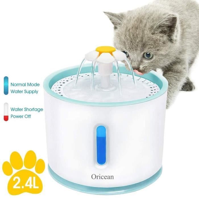 Meilleurs prix pour Oricean Fontaine à Eau pour Chat et Chien 2.4L avec Filtre et Lumière LED, Arrêt Automatique, Pompe Silencieuse,Blanc et Gris
