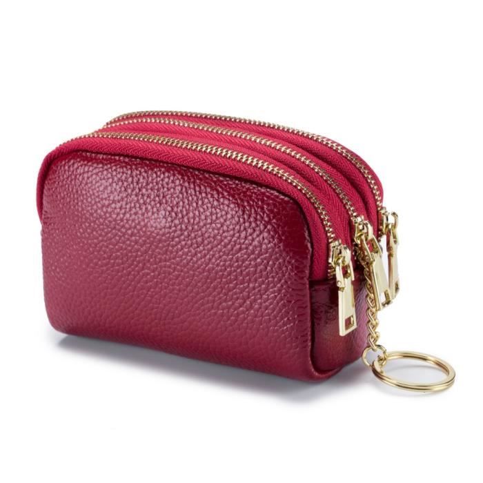 ZOOEASS Mini Porte-Monnaie En Cuir Véritable Avec Fermeture éclair Et Porte-clés Pour Femme, Rouge Vin, Standard, Minimaliste