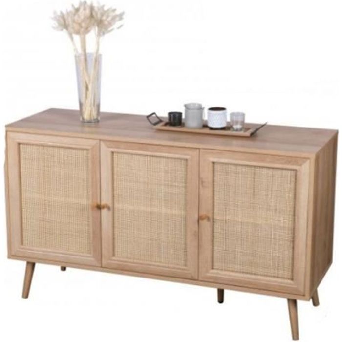 Buffet 3 Portes avec Cannage Rotin et décor Bois - L120 cm - 120 cm X 39 cm X 70 cm - BALI Bois Clair