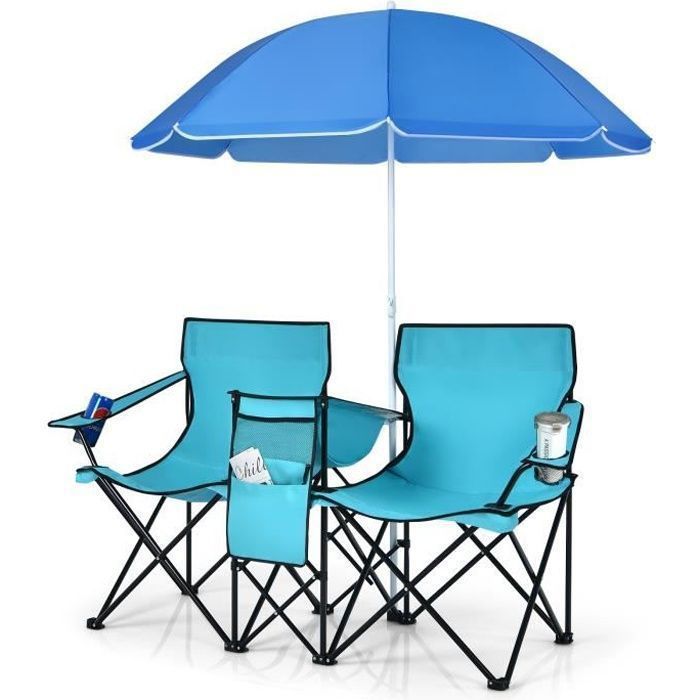 COSTWAY Chaise/Fauteuil de Camping Pliante 2 Places avec Sac isotherme, Parasol, Porte-gobelet, Accoudoirs, Charge 270 KG, Vert