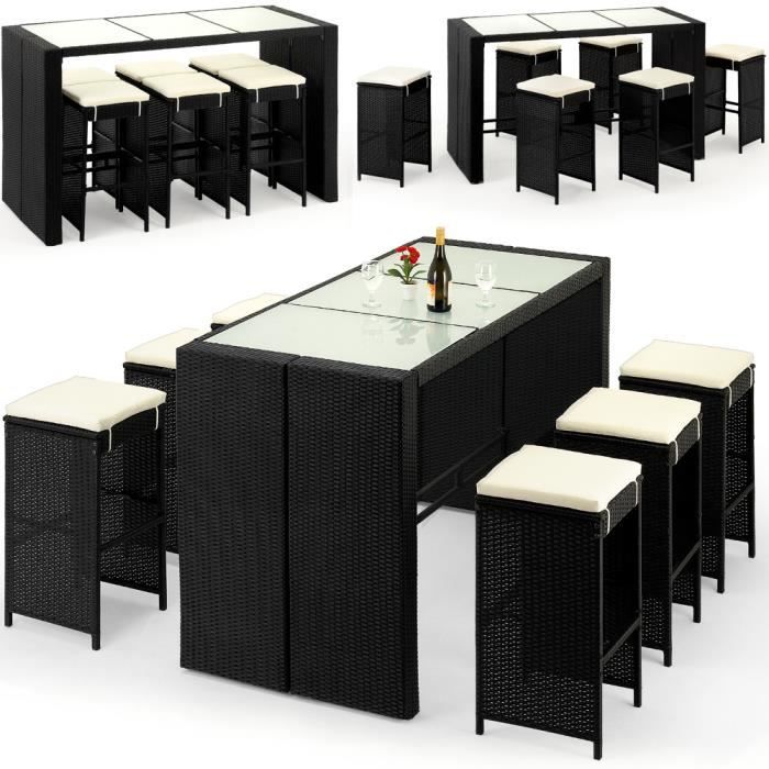 Deuba | Bar de jardin 6+1 • polyrotin noir • coussins inclus • plateau de table en verre | Ensemble table et chaises, terrasse