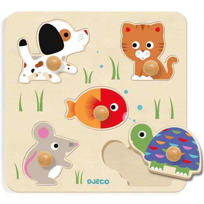 Puzzle en bois pour enfant DJECO Animaux 5 pieces des 12 mois Cdiscount Jeux Jouets