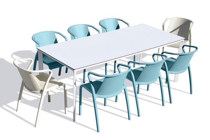 Table de jardin MEET-TB200B-BLANC, 6 fauteuils FADO-FT-AQUAMARINE et 2 fauteuils FADO-FT-SABLE