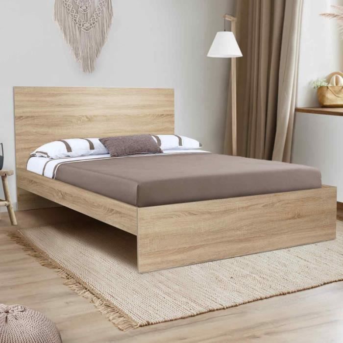 idmarket lit double avec tête de lit et sommier omaha 140x190 cm effet hêtre bois-clair