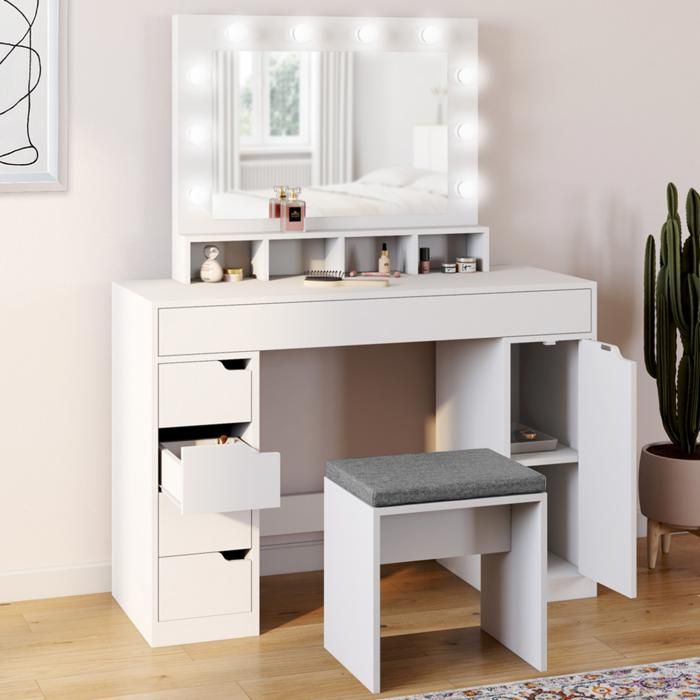 IDMARKET Coiffeuse ZELIA blanche miroir LED avec 4 niches 5 tiroirs 1 caisson de rangement et tabouret rembourré IDMARKET Coiffeuse ZELIA blanche miroir LED avec 4 niches 5 tiroirs 1 caisson de rangement et tabouret rembourré