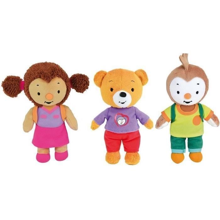 t'choupi lot de 3 peluches lalou, pilou et t'choupi +/- 19 cm