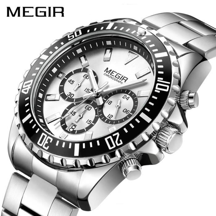 MEGIR hommes montre marque affaires quartz en acier inoxydable etanche chronographe militaire argent Achat vente montre Homme Adulte Blanc Acier Cdiscount