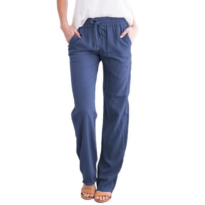 Pantalon Ample Décontracté à jambe Large en coton et Lin de couleur unie pour Femmes Bleu