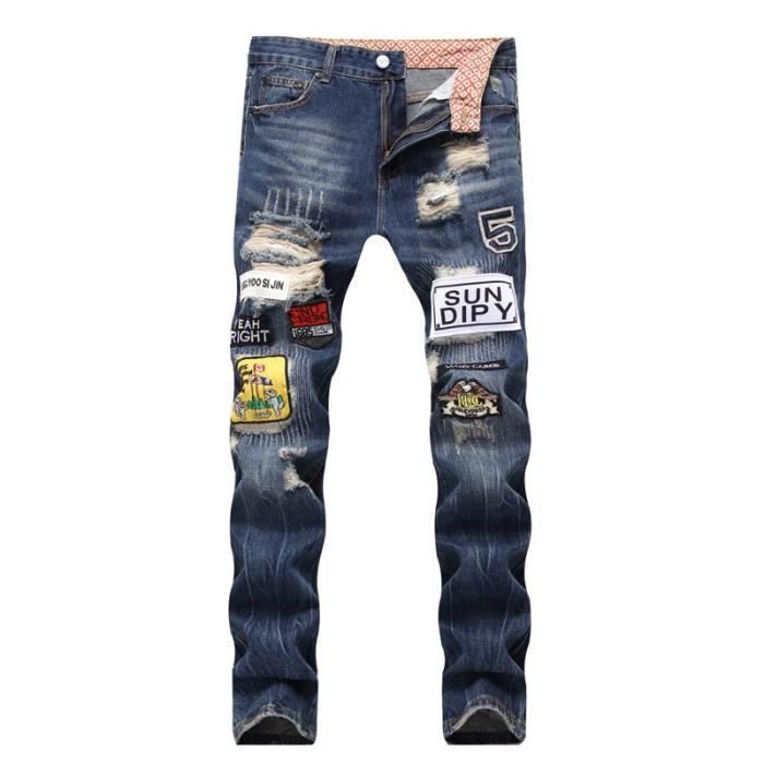 Jeans Slim Fit Homme INSFITY Broderie Jean Dechires Effet Abrasion et Delave