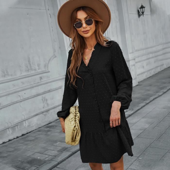 Robe femme - hongfengya - Minimaliste chic et elegant - Manches longues - Noir Noir - Cdiscount 