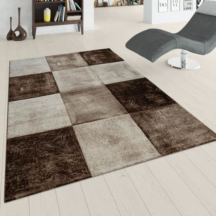 Tapis De Salon À Poils Ras Moderne Look Usé Moderne Motif Carreaux En