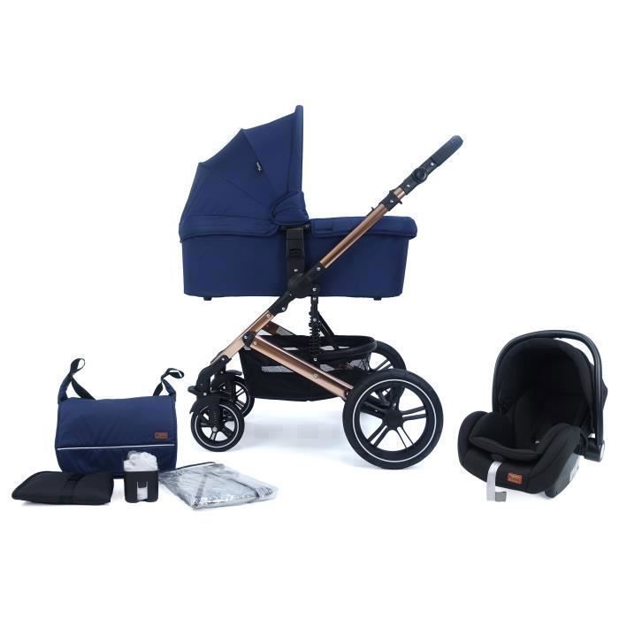Poussette combinée PIXINI Aloha - Bleu - Nacelle dorée polie - Réversible - 4 roues