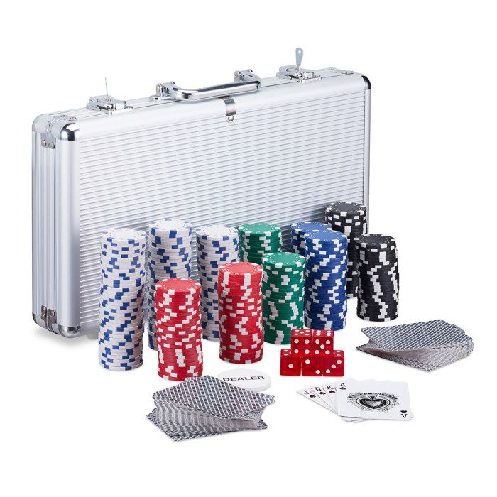 Relaxdays Coffret de poker 300 jetons laser 2 paquets de cartes 5 dés bouton de dealer coffre en aluminium argenté