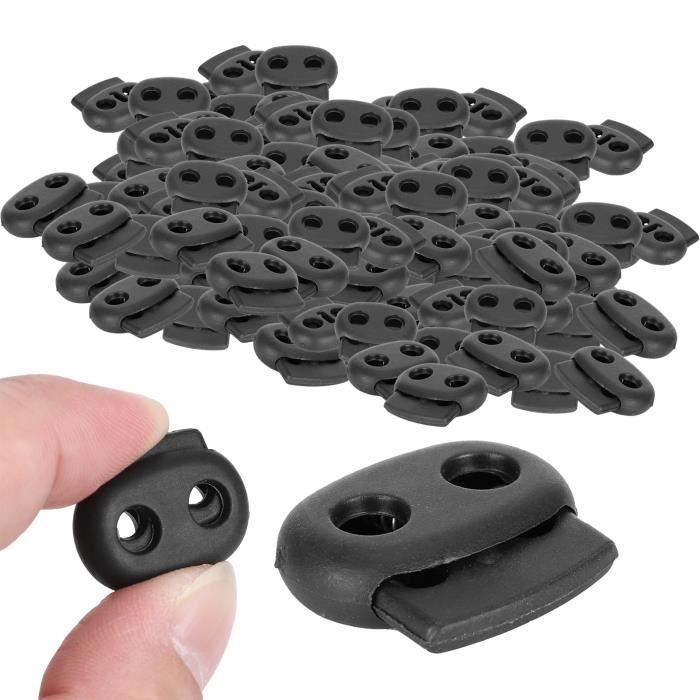 20 Arrêts De Cordon Plastique Noir - Double Trou, Ressort, Pour Lacets, Cordons élastiques