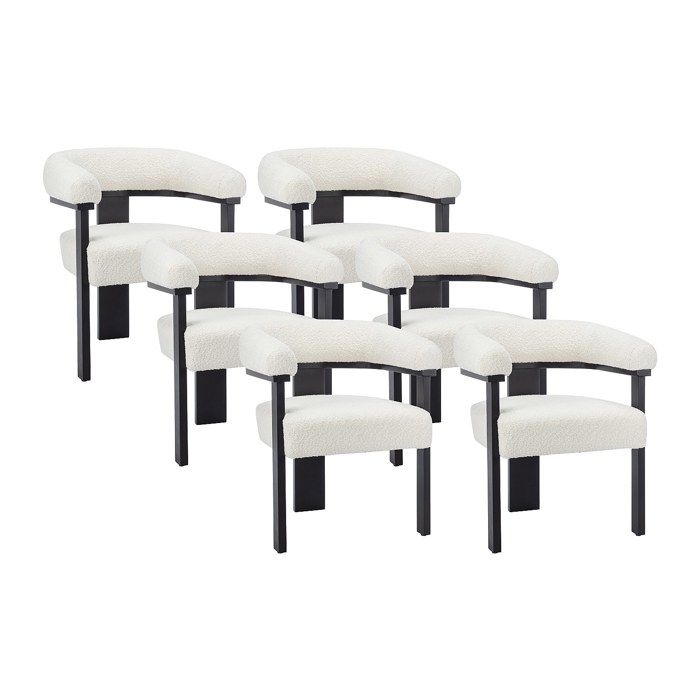 Lot de 6 chaises avec accoudoirs en tissu bouclette et bois dhévéa noir - Blanc - LIVELIA