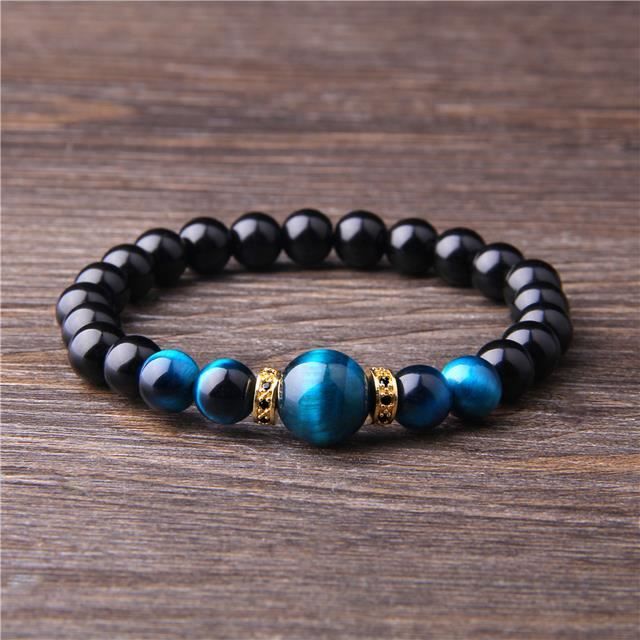 Bracelet homme œil de tigre, onyx et tête de lion doré – GT collection