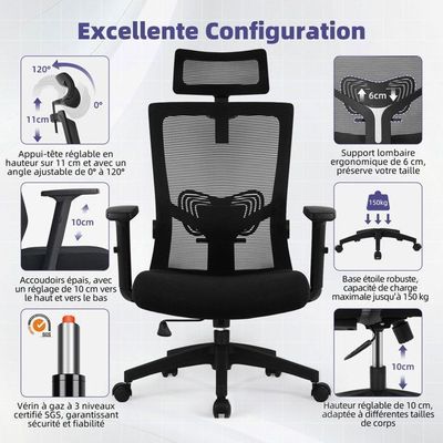 Chaise De Bureau - Fauteuil De Bureau Ergonomique Avec Support Lombaire Accoudoirs Appuie Tete Reglables Fauteuil Dordinateur Pivotant A Haut Dossier Confortable Pour Bureau A Domicile Noir Fich