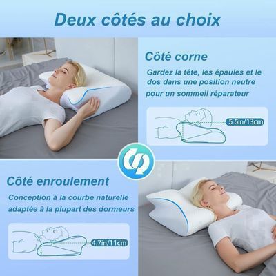 Oreiller Ergonomique Cervical Mémoire De Forme - 63x42.5 Cm - 2 Hauteurs (13.8/9 Cm) - Pour Dormeurs Dos, Côté, Ventre - 4
