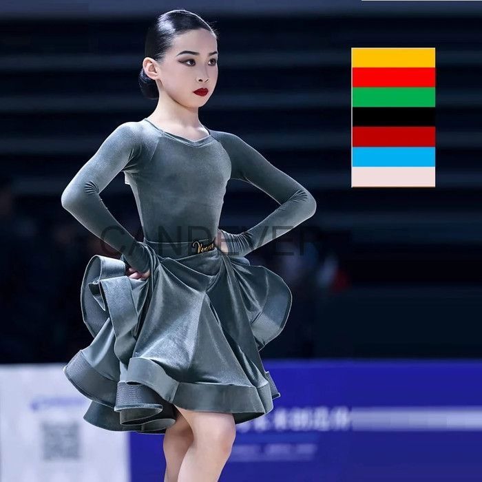 Robe De Danse Latine Pour Filles - Velours - Jupe évasée à 2 Bretelles - Pour Spectacle, Compétition, Fête - Taille 120 à 170 Cm