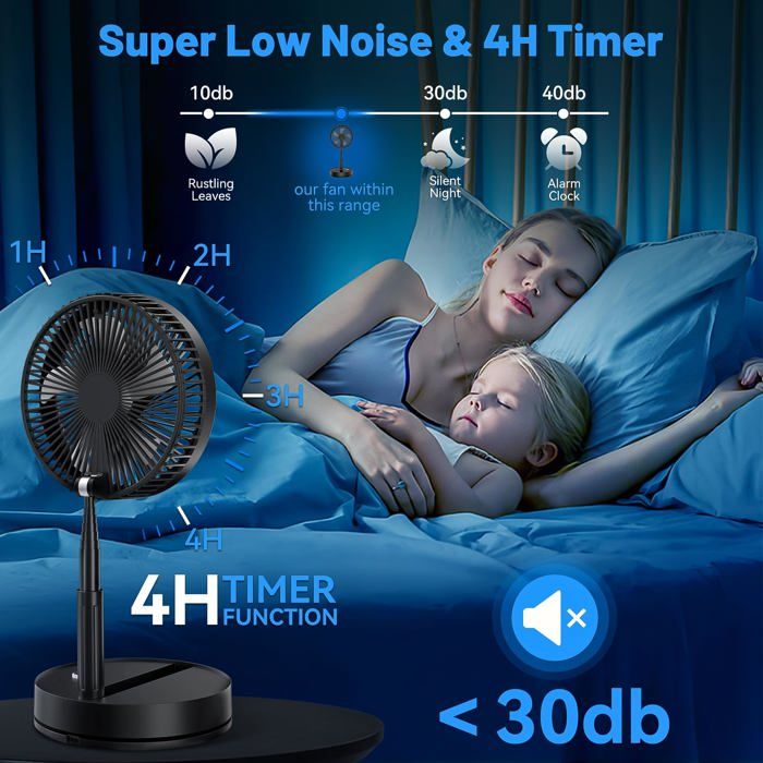 Ventilateur De Table Pliable Télescopique 9-100 Cm 7200mAh Rechargeable Silencieux - Tête 180°