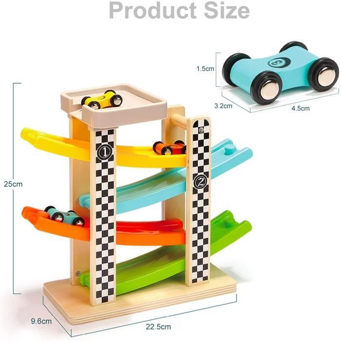 TOWO Circuit Rampe de Course – Glissière Zigzag avec 4 Voitures en Bois, Jouet pour Garçons et Filles de 1 à 4 Ans