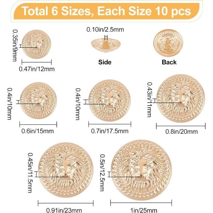 60 Pièces Bouton De Blazer En Métal 12-15-18-20-23-25Mm Boutons Or ...