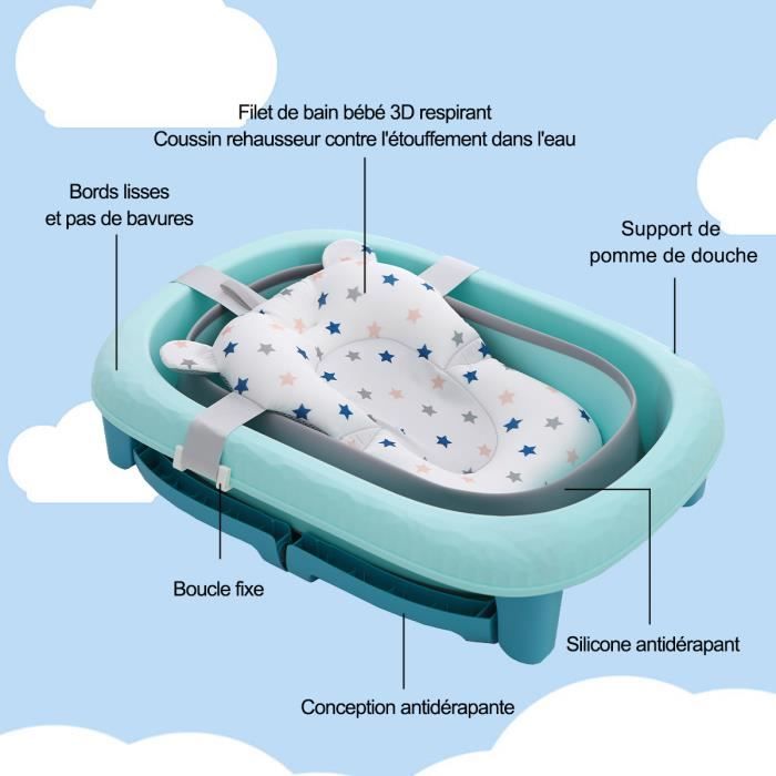 Kit de bain pour bébé : baignoire de 84 cm avec bouchon, tapis antidérapant  + support