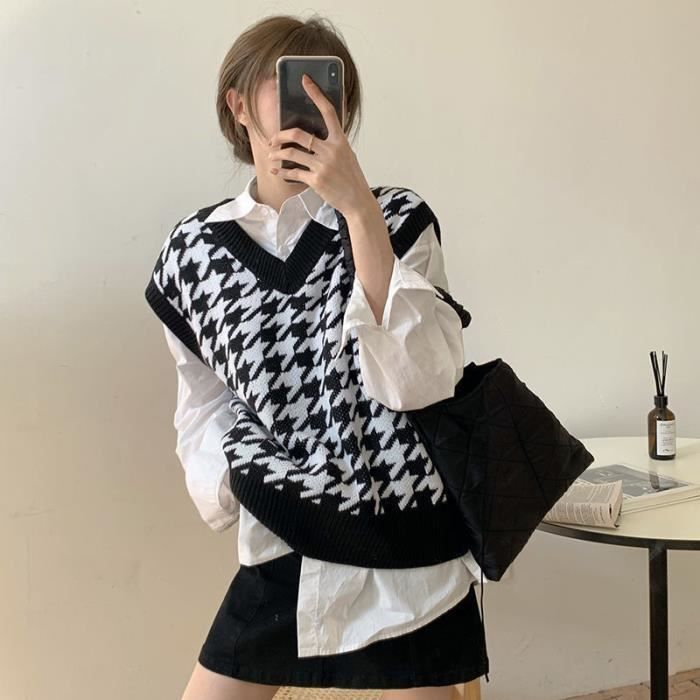 Gilet Femme Vintage Pied de poule Plaid Col en V Sans manches Blanc Cdiscount Pret a Porter