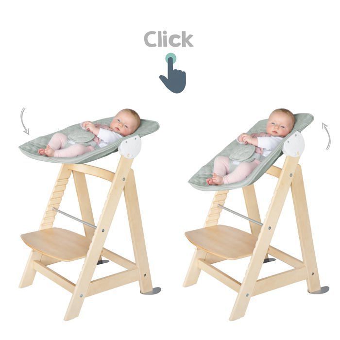 Chaise haute évolutive portable Evoluonge pour bébé en bois de hêtre.  Convertible en table et en chaise haute. Assise rembourrée