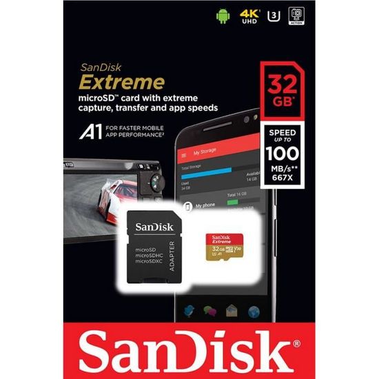 Carte M/émoire MicroSD SanDisk Extreme Pro 64 Go Classe 10 U3 avec Adaptateur SDSDQXP-064G-G46A