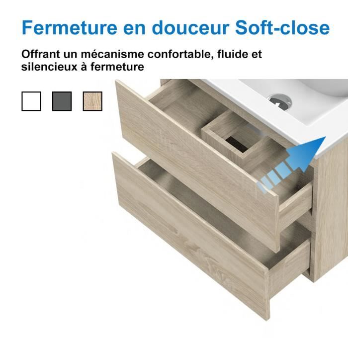 Ensemble Salle De Bain Hémera Par Ducha.es - Meuble Avec 2 Tiroirs + Plan Vasque En Céramique 80 Cm - Finition Crème Texturée