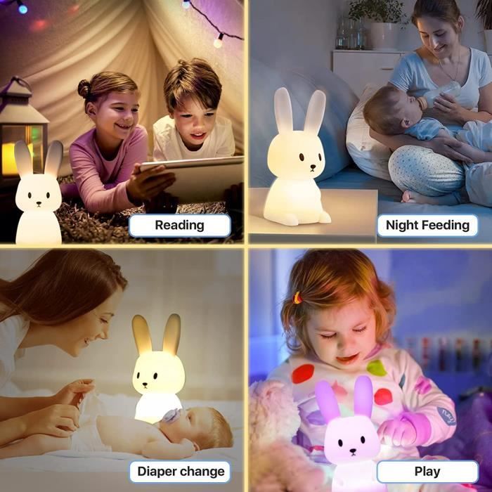 Wenscha Jolie veilleuse 7 couleurs changeantes en forme de lapin  rechargeable par USB pour enfants, crèche, bébé, cadeau de naissance,  lumières LED en