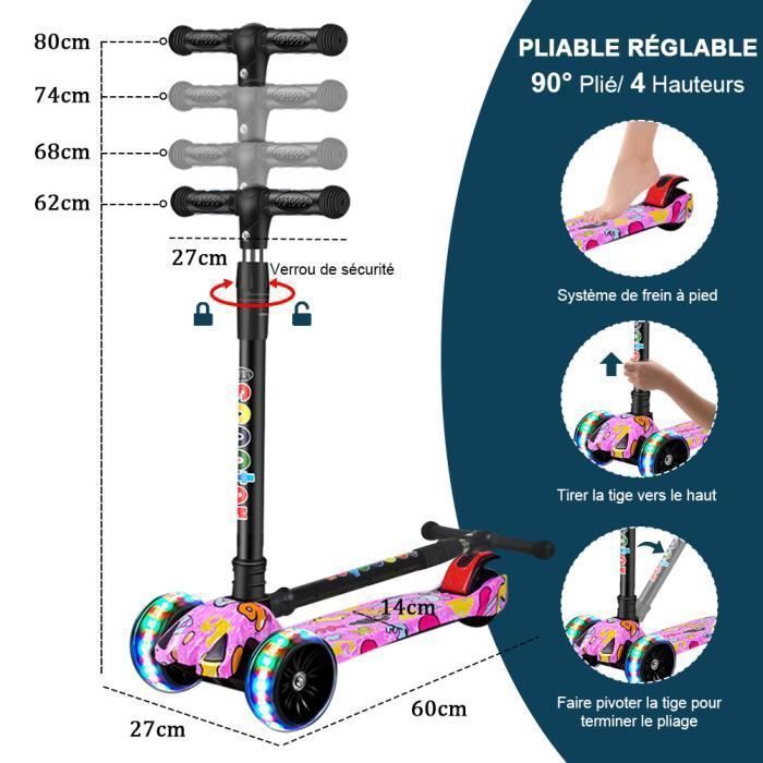 Trottinette Enfant Lumi Ride 3 Roues – Pliable, Lumière LED, Frein Au Pied, Guidon Réglable – Pour Enfants Dès 3 Ans - 5