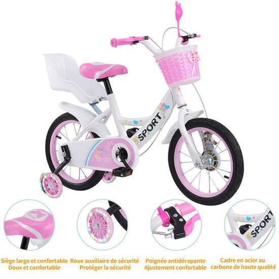 Vélo Enfant 16 Pouces - Garçon Et Fille 5-8 Ans - Cadre Acier - Roues Stabilisatrices - Freins Double Sécurité - Rose