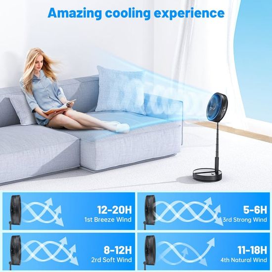 Ventilateur sur pied portable de 22,9 cm, batterie 10 800 mAh de type C, ventilateur oscillant rechargeable avec veilleuse LED, télécommande, 4 vitesses, ventilateur silencieux pour la maison, la Ventilateur sur pied portable de 22,9 cm, batterie 10 800 mAh de type C, ventilateur oscillant rechargeable avec veilleuse LED, télécommande, 4 vitesses, ventilateur silencieux pour la maison, la