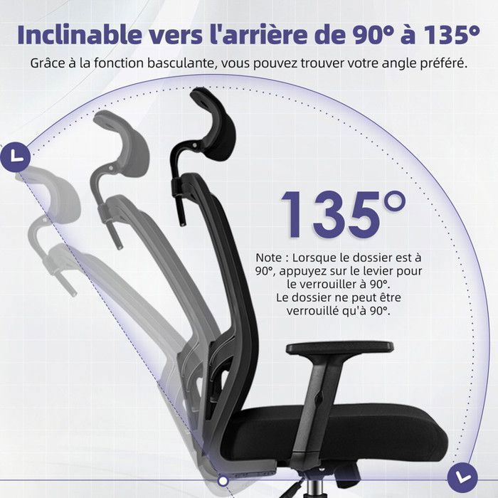 Fauteuil de Bureau Ergonomique - Siège de Bureau Réglable avec Appui-Tête et Support Lombaire - 50x50x95-100 cm - Noir - Ameublement