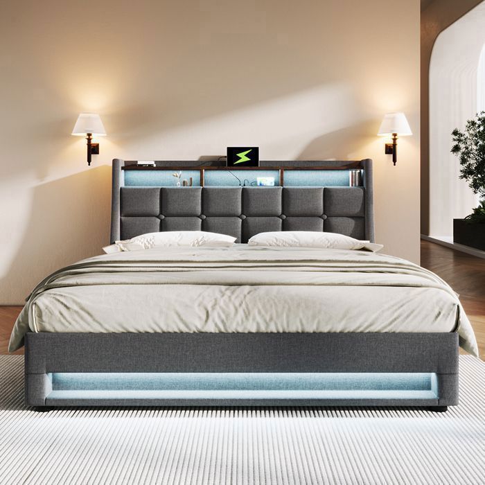 PUGSDRLY Lit 140x200 sommier sans Tête de lit avec Espace de Rangement,Lit Double Coffre Capitonné,sommier à Lattes,sans Matelas (Gris, 140x200