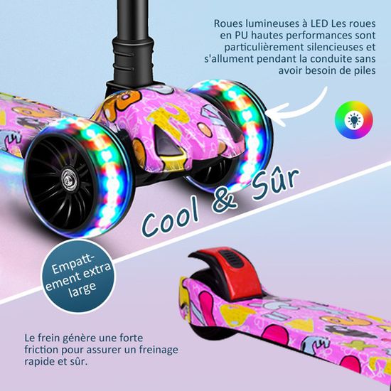 Trottinette Enfant - 3 Roues - Lumière LED - Hauteur Réglable 61-81 cm - Rose - Achat / Vente