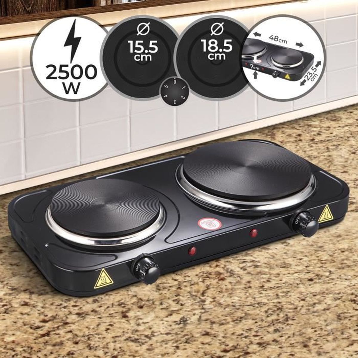 Plaque de Cuisson Double, Portable, 2500 W, Brûleurs en Fonte (Ø 15