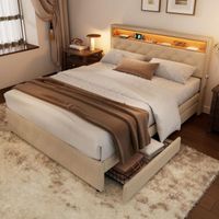 Chambre lit rembourré avec LED, 140*200cm, avec sommier à lattes, table de chevet-interface USB, avec 4 tiroirs, beige