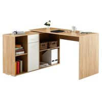Bureau d'angle CARMEN table avec meuble de rangement intégré 4 étagères 1 porte et 1 tiroir, décor chêne sauvage/blanc