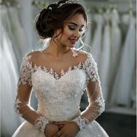 OFELI® Blanc Tulle De Luxe Princesse Robe De Mariée Manches longues Applique Robe de Bal