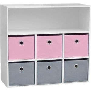 ARMOIRE Meuble 6 paniers 1 Niche Fille TNT / MDF Rose Gris - Meuble Etagère pour Chambre Enfant