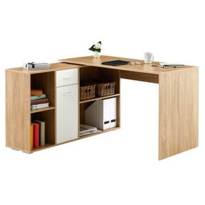 BUREAU  Bureau d'angle CARMEN table avec meuble de rangement intégré 4 étagères 1 porte et 1 tiroir, décor chêne sauvage/blanc