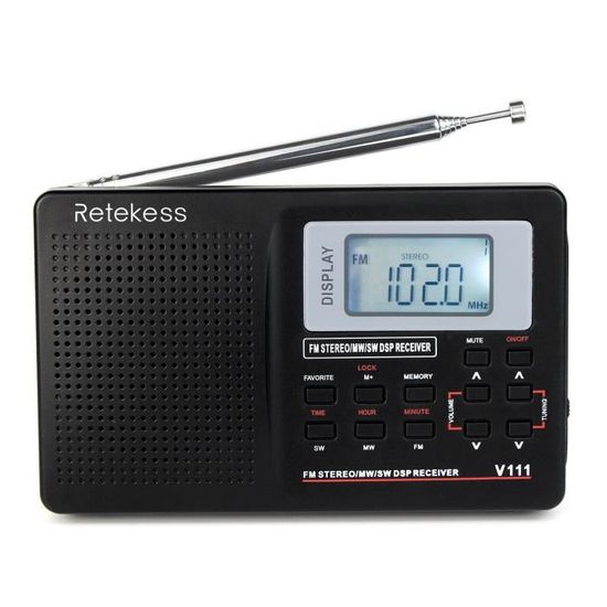 HRD‑310 Radio portátil Mini receptor estéreo FM/MW/SW con reloj digital