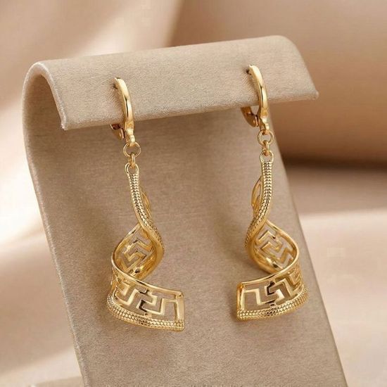 Boucles D'oreilles Pendantes Plaqué Or 750 - Design Tourbillon Grec, Bijouterie Papillon Bleu, Neuves