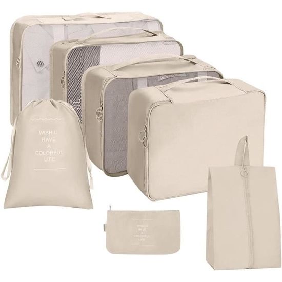 Set 8 Pièces D'Organisation Valise - Sacs De Rangement Vêtements, Trousse Toilette, Sac à Chaussures - Nylon Imperméable - Beige