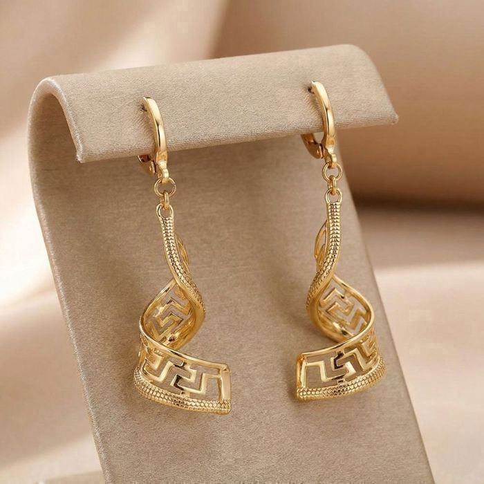 Boucles D'oreilles Pendantes Plaqué Or 750 - Design Tourbillon Grec, Bijouterie Papillon Bleu, Neuves